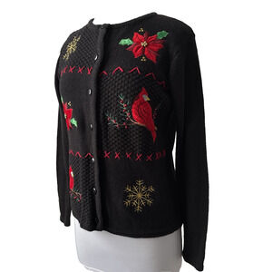 Womens Petite S Embroidered Red Cardinal Beaded Christmas Cardigan Sweater Retro